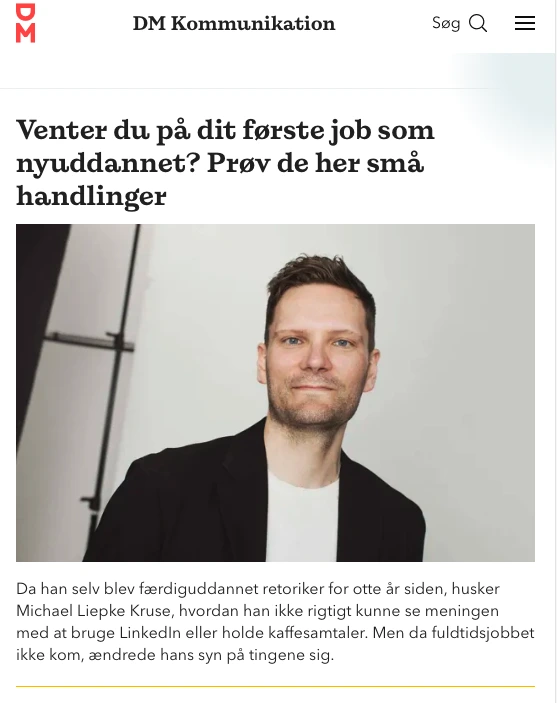 Skærmbillede af DM Kommunikationsartikel om Michael Liepke Kruse.